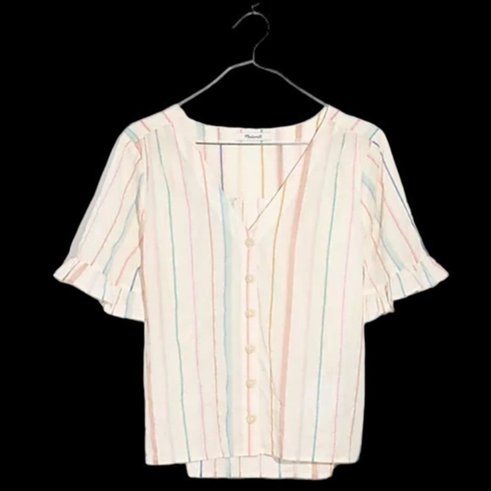 Pastel Striped Madewell linen slightly cropped button down blouse